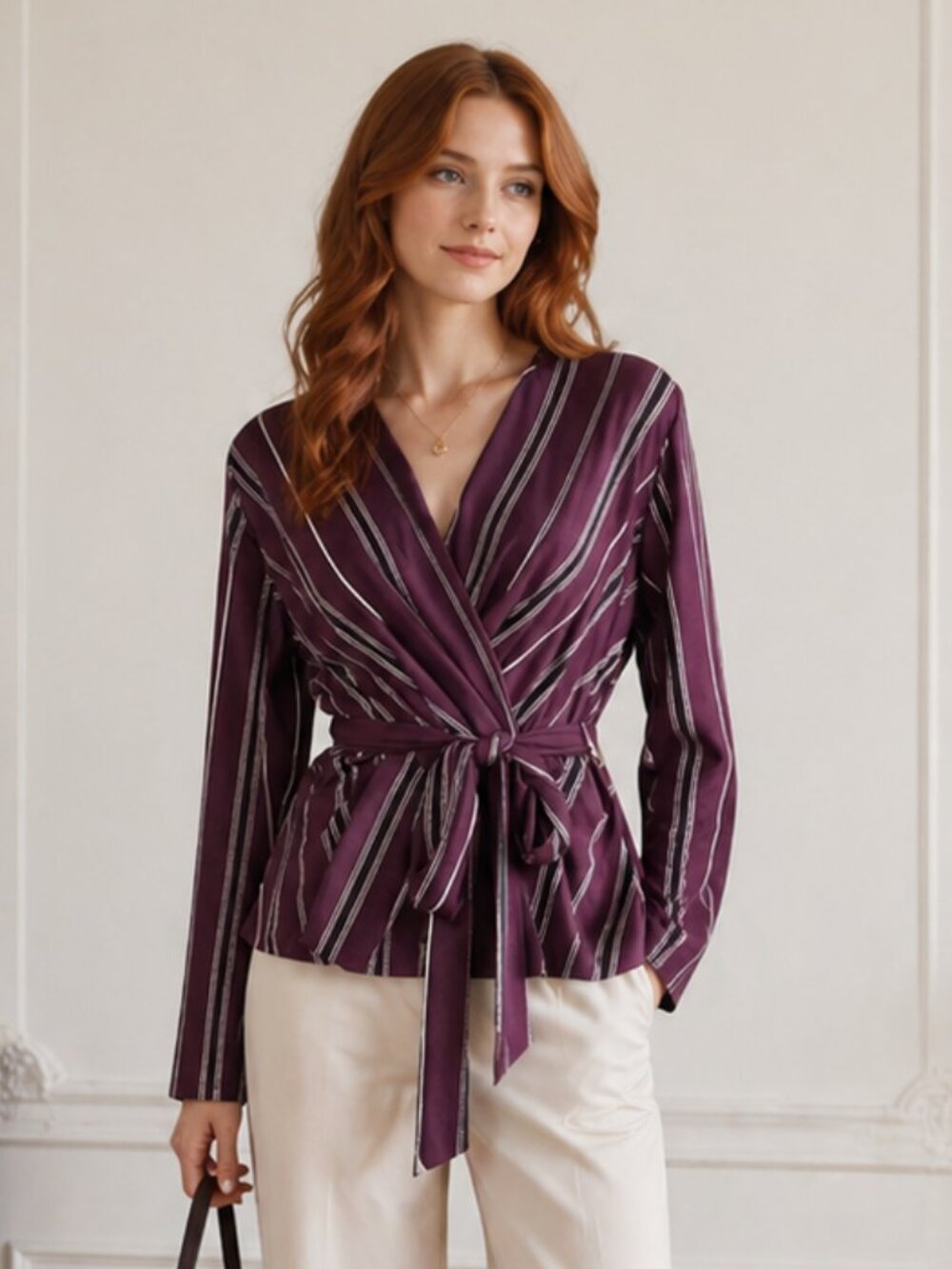 Blashe Burgundy Striped Blouse Back Tie Adjustable Neckline Medium
